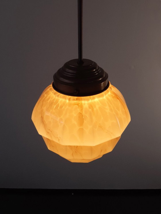 Image 1 of Art-Deco-Deckenleuchte, bernsteinfarbene Marmor-Herda-Pendelleuchte