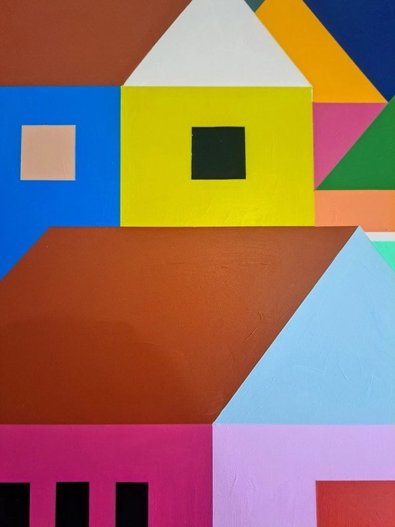 Image 1 of Abstract cityscape "Lost City" - colorful painting on MDF by Franklin van Dam (85 cm x 111 cm)