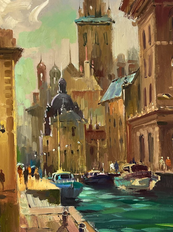 Image 1 of Original Oil Painting City River Landscape Venetian reflection