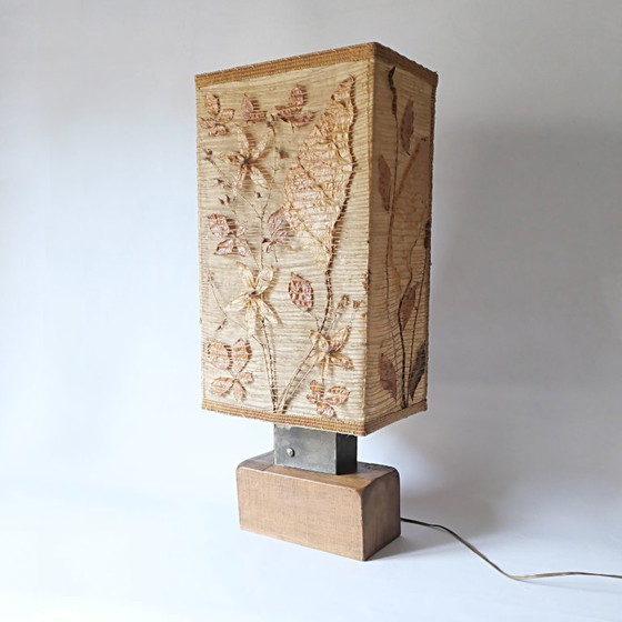 Image 1 of Grande lampe vintage années 70 design 1970 style ACCOLAY bois metal tissu