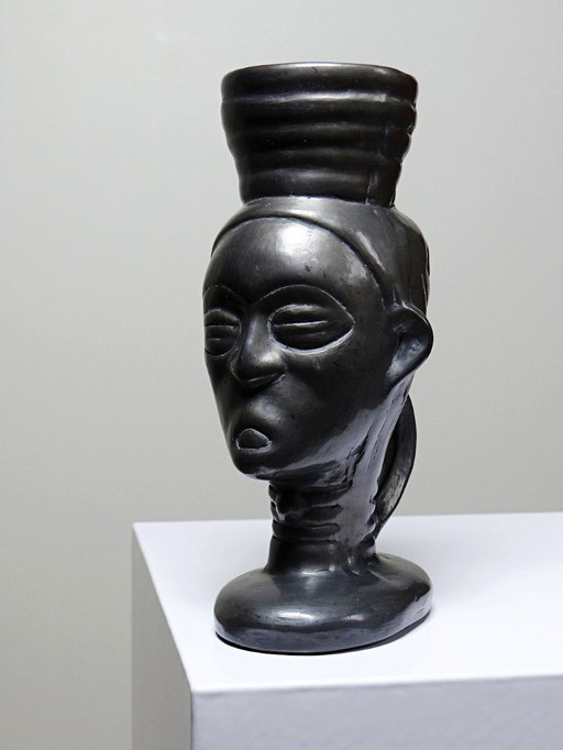 Bougeoir, Verre, Vase Anthropomorphe Céramique Noir Lama Oaxaca Mexique
