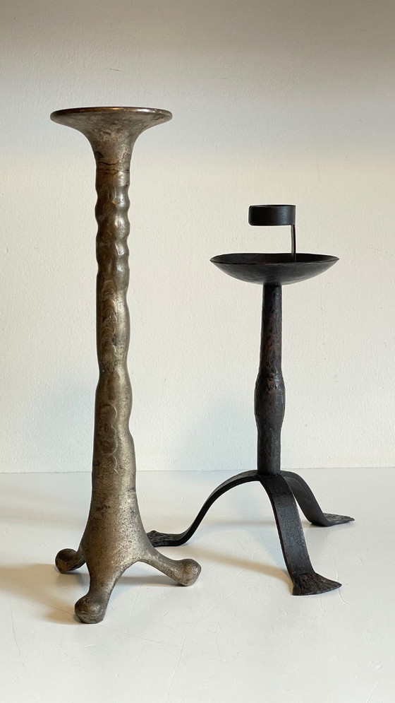 Image 1 of Een paar brutalistische vintage stalen kandelaars