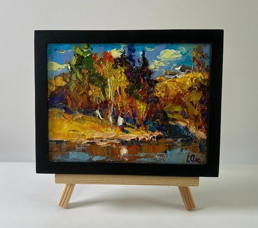Original Oil Painting Autumn Coastal Landscape Over the River
