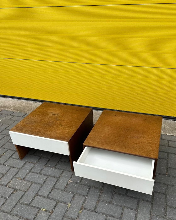 Image 1 of Vintage retro bedside tables / side table - wood veneer & white incl. drawer