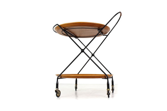 Image 1 of Almost As New, Jie Gantofta Mid-Century String Serving Trolley / Tea Trolley, Sweden, Teak, Steel Leather, Completely Restored!