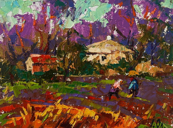Image 1 of Original Oil Painting Sunset Village Landscape Spring evening in the light of the sky