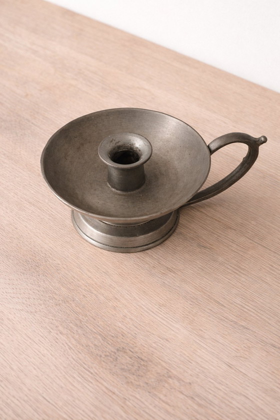 Image 1 of Antique patinated pewter candlestick – 19th century hand candlestick