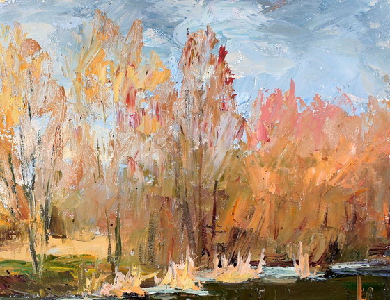 Origineel Schilderij Natuurlandschap Late Herfst Het Eerste IJs – Schilderijen & Tekeningen, Canvas (photo 5 of 7)