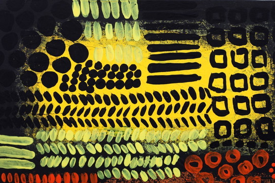 Image 1 of Orange, black and yellow abstract acrylic painting on stretched canvas