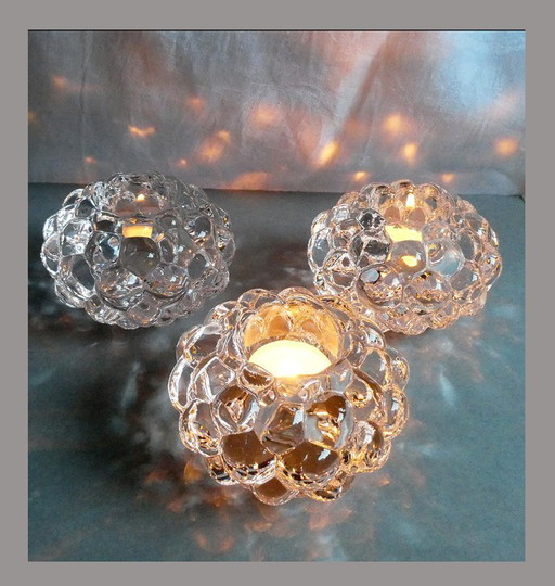 3 identical tealights, crystal glass, raspberry, Bubbles, Orrefors Sweden, design Anne Nilsson