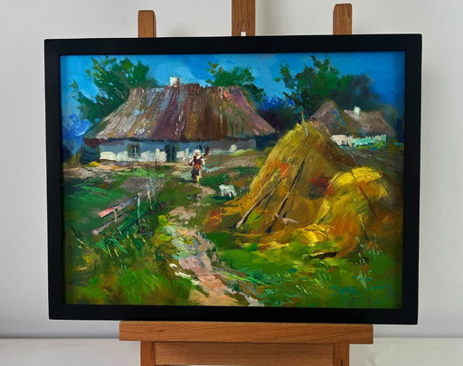Original Oil Painting Rural Day Landscape Summer Village Life