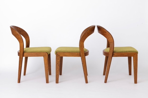 Image 1 of Set of 6 Mid Century Dining Chairs, Baumann Gondola Chairs 1970s, Oak Wood Chairs with Green Upholstery, Vintage German Dining C