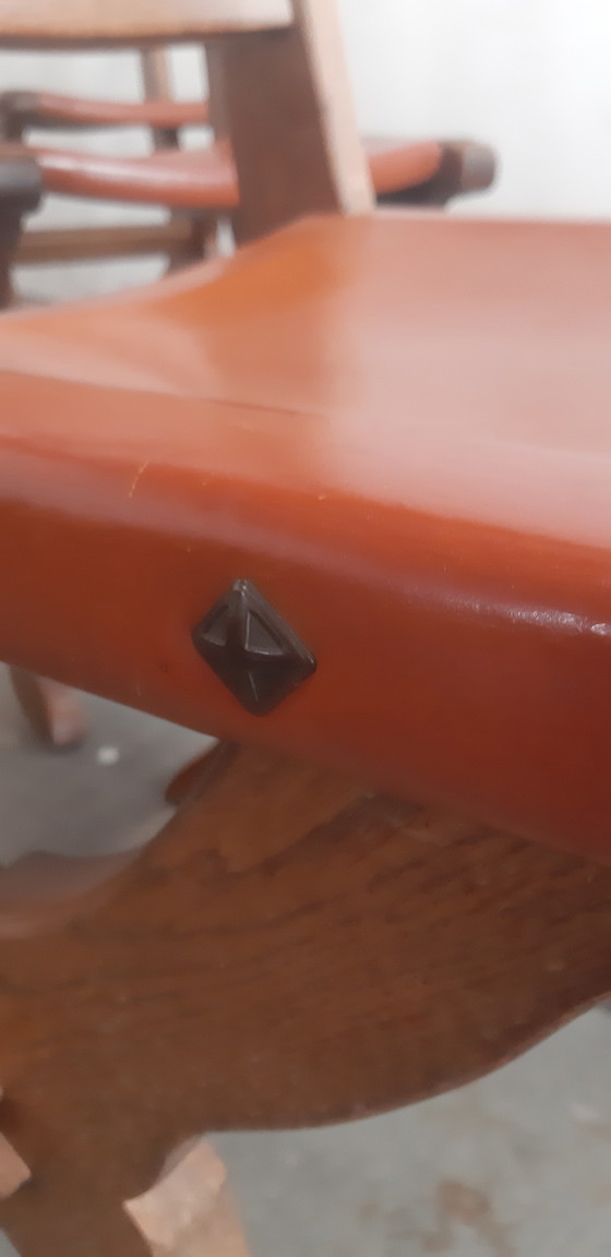 Image 1 of Ensemble de 6 chaises de salle à manger Brutalist en cuir sellier Chaise à échelle