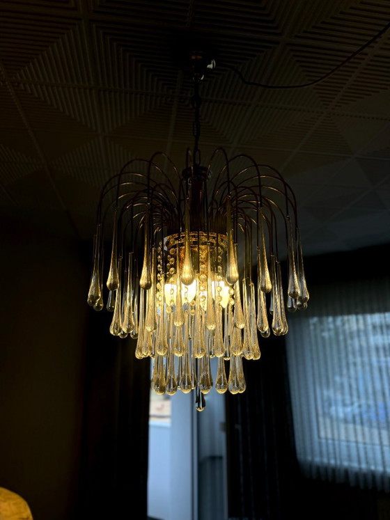 Lampadario a cascata con gocce di cristallo di Murano italiano, ottone dorato, Venini, vintage anni '70 (photo 6 of 6)