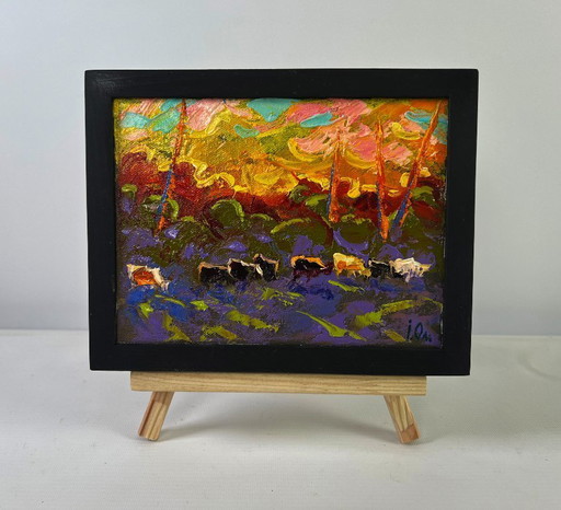 Original Oil Painting Sunset Nature Landscape Evening sky bathes the Earth