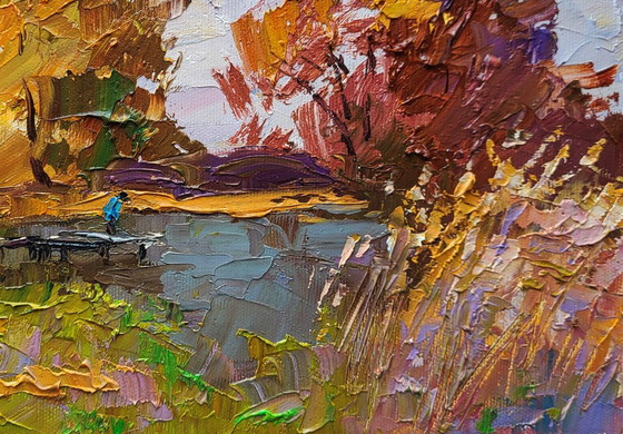 Original Oil Painting Nature Landscape On The Autumn River – Paintings & Drawings, Canvas (photo 7 of 7)