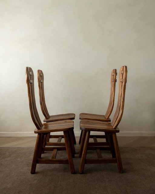 Brutalist Oak Dining Chairs with Sculptural High Backs by De Puydt, 1960s, Set of 4