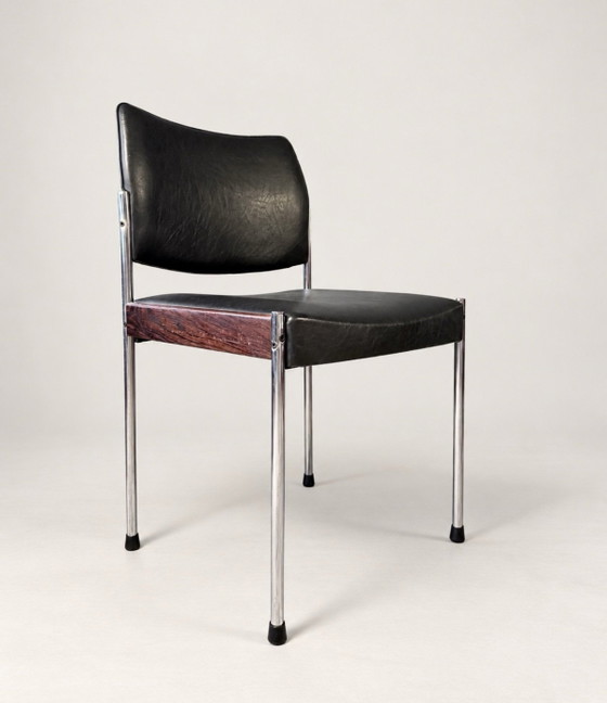 Thereca, 8 vintage Dining chairs, Netherlands, approx. 1960-70, Chrome, Leather, Black (photo 14 of 15)