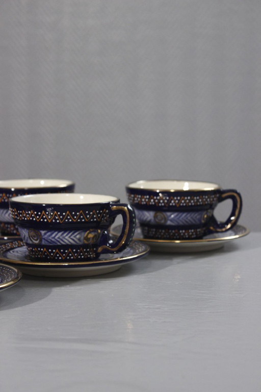 HB Quimper Atelier Pierre Poquet um 1950 6 Tassen und Untertassen mit Golddekor