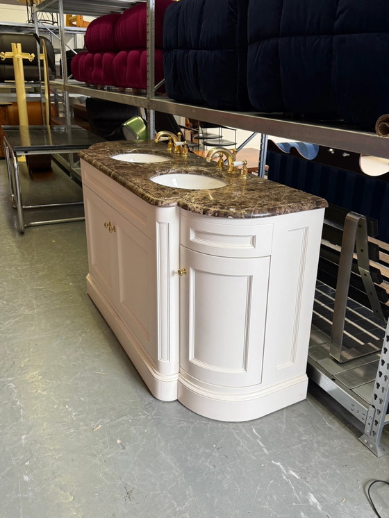 Classic Double Marble Top Bathroom Vanity & Gold Hardware – Storage cabinet (photo 11 of 12)