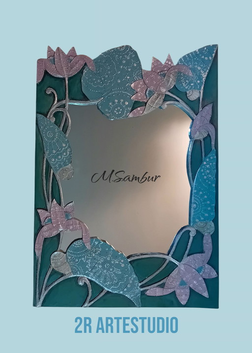 Mirror in a relief carved solid wood frame with hand painting.