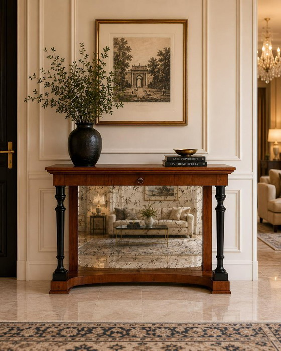 Unique Neoclassical / Biedermeier style Console table with antique-effect mirror insert, Wood, Glass, Brown (photo 2 of 5)