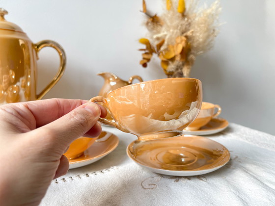 Image 1 of Service à Thé Vintage en Lustre Czecho-Slovaquia Victoria China Pêche Irisé 1950