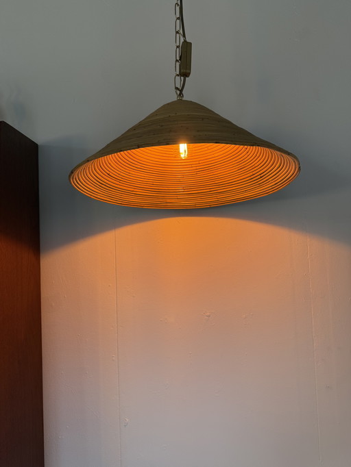 Lampada a sospensione vintage in rattan, stile Gabriella Crespi anni '70