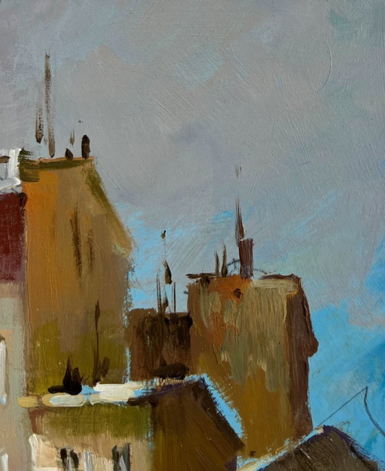 Image 1 of Original Oil Painting Gray City Landscape Shadows of a City Street