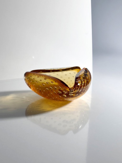 Murano bowl Bullicante Bubbles glass ashtray amber orange Italy 1970s Venice