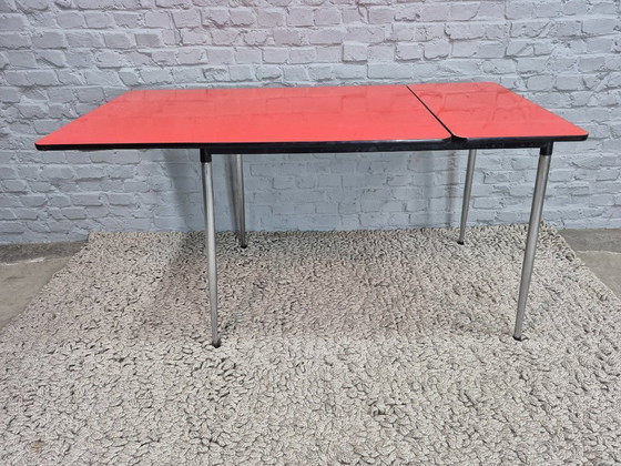 Image 1 of Vintage Design Rectangular Extendable Formica Kitchen Table in Orange with Chrome Legs – The Netherlands, 1960s
