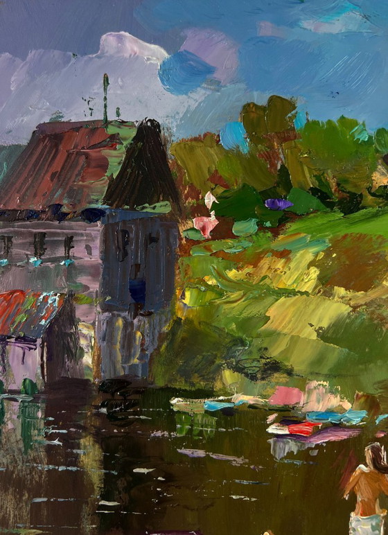 Image 1 of Original Oil Painting Coastal Village Landscape Girls sailing in a boat