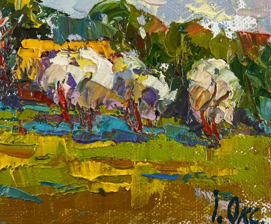 Image 1 of Original Oil Painting Summer Village Landscape Clouds drifting in the sky