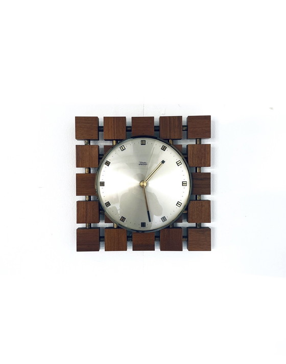 Image 1 of Vintage teak & brass wall clock '70s