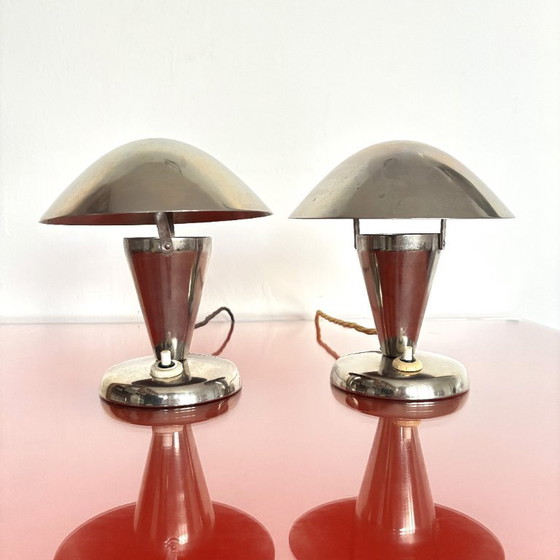 Image 1 of Set di lampade da comodino cromate Art Déco, Napako, Cecoslovacchia, anni '50