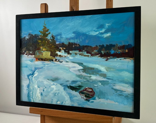 Original Oil Painting Snow Field Landscape Frozen winter river