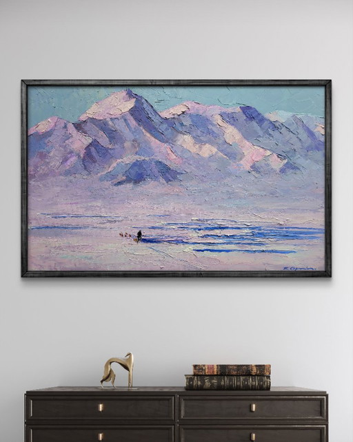 Original Oil Painting Winter Nature Mountains Snow Breath of the North Wind – schilderijen tekeningen, Canvas (photo 2 of 7)