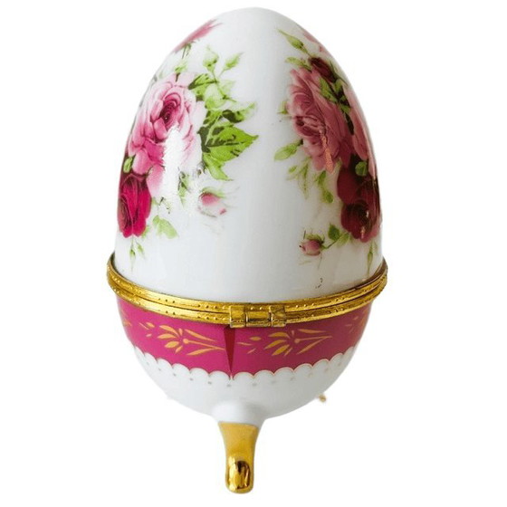 Vintage porcelain egg jewelry box, Limoges style, floral, gold hinge, 1980s – Decorative Objects, Brass (photo 6 of 10)