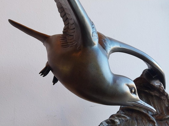 Large Art Deco Sculpture Rochard Seagull Zamak on Marble, polished steel, Brown (photo 5 of 13)