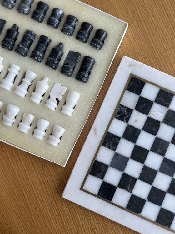 Image 1 of Vintage marmeren schaakspel schaakbord zwart wit