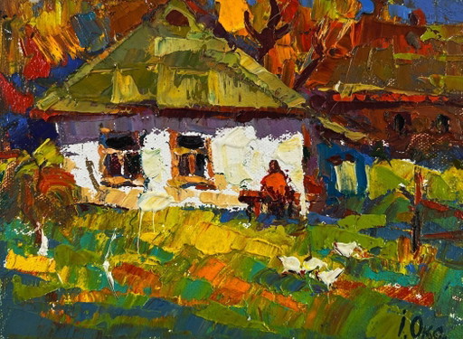 Origineel olieverfschilderij: Dorpslandschap overdag. Het licht danst op elk grassprietje.