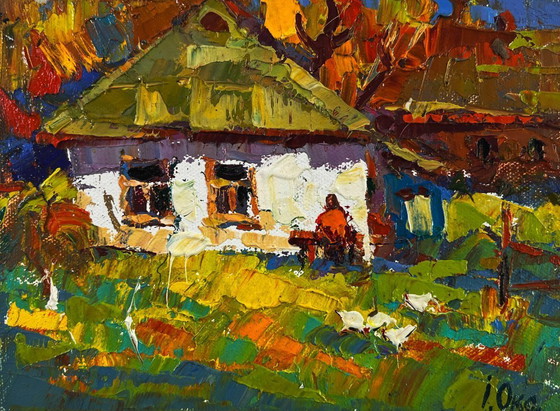 Image 1 of Original Oil Painting Village Day Landscape Light dances on every blade of grass