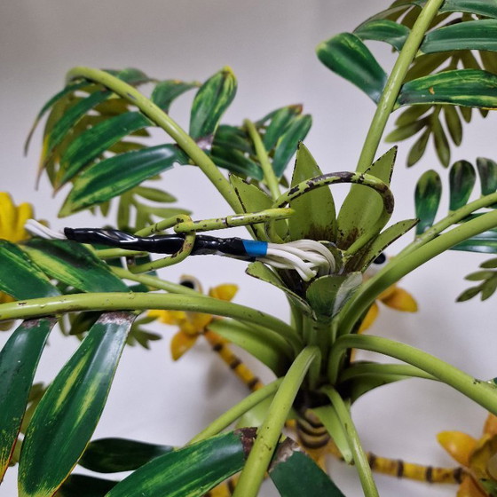 Image 1 of Vintage kroonluchter in palmboomstijl – faux bamboe, metaal, 5 armen – tropisch Hollywood Regency design