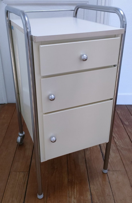 Comodino anni '80 in metallo laccato in acciaio inox