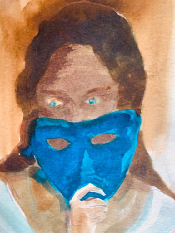 Quadro firmato, ritratto femminile al Carnevale di Venezia « La maschera blu », Dipinti e disegni, Carta (foto 4 di 10)