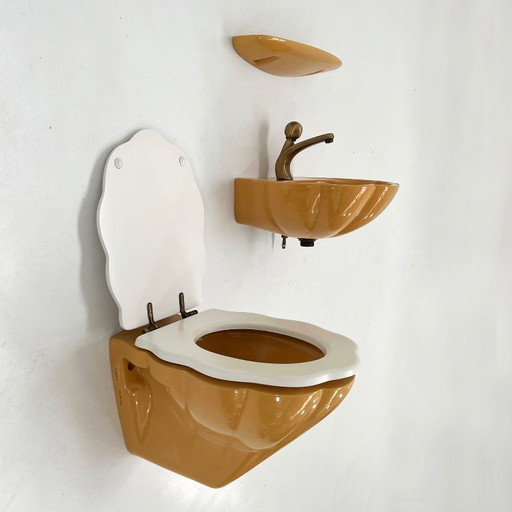 Ensemble de salle de bain vintage en forme de coquillage moutarde, années 1970