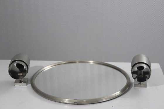 Image 1 of Vintage modernistische Art Deco spiegel en wandlampen, vernikkeld staal, jaren 1950