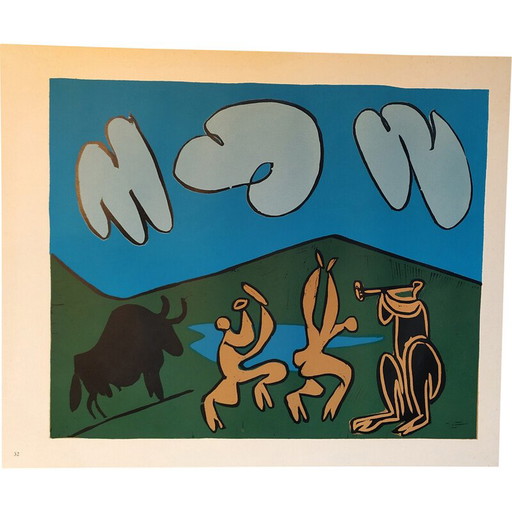 Linoleografia d'epoca "Baccanale con toro nero" di Pablo Picasso, 1962