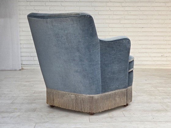 1970s, Danish armchair, furniture velour, beech wood., Velvet, Blue (photo 9 of 17)