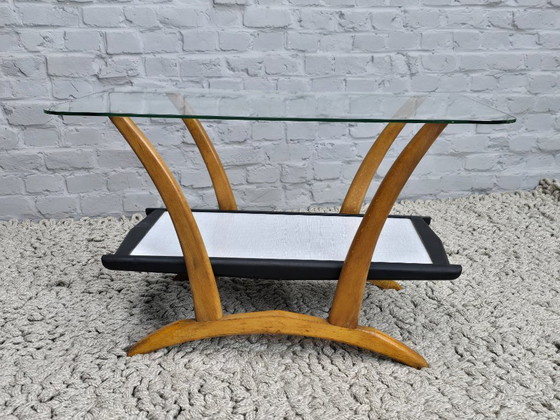 Image 1 of Mid-Century Italian Design Wooden Coffee Table with Glass Top Attributed to Cesare Lacca, Italy 1950s.